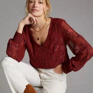 Anthropologie Burgundy Embroidered Sheer Long-Sleeve Blouse